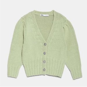 Zara knit mint green rhinestone jewel button sweater.
